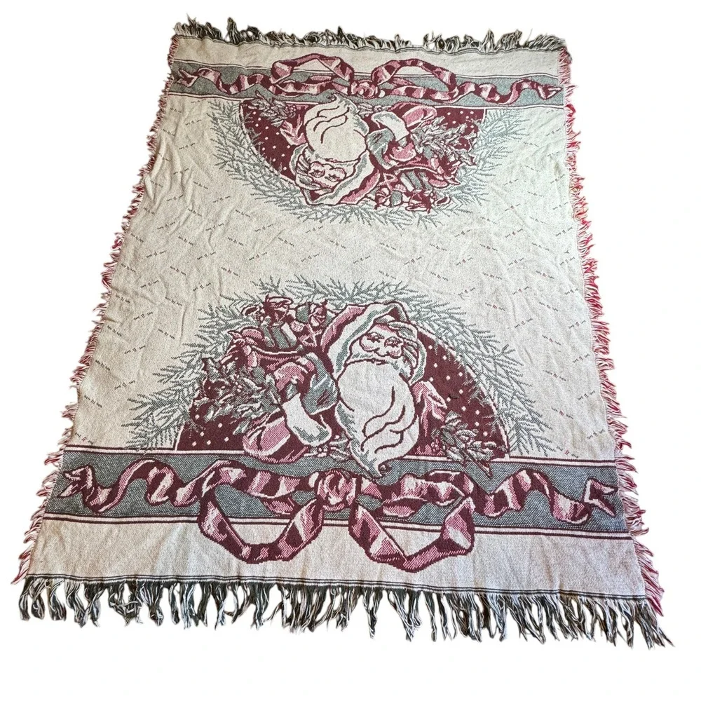 Vintage Christmas Santa Claus Tapestry Throw Blanket Fringe 64x48 Red Green